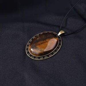 Vintage Tigers Eye Pendant Bronze Lace Border Oval Charm 2 Inch
